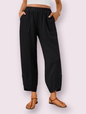 Trendy Queen Wide Leg Pants, Soft Cotton Blend with Pockets in Black